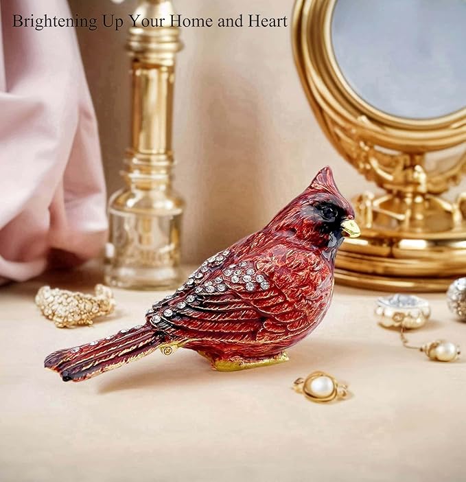 Luxury Red Cardinal Bird Gifts Jewelry Trinket Boxes Hinged.Decorative Keepsake Ring Box.Necklace Rings Earrings Organizer.Bird Figurines Accents Home Decor Gifts for Women.
