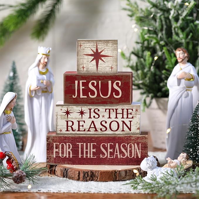 Lineshading 4 Pcs Christmas Table Decoration Jesus Decor Christmas Tiered Tray Decor Christian Centerpiece Decorative Jesus Block Signs Gift Farmhouse for Religious Home Office Tabletop Kitchen Office