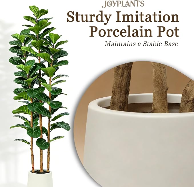 6ft Fake Fiddle Leaf Fig Tree, Realistic Fake Plants with Natural-Looking Trunk, Evergreen Faux Plants Indoor for Home & Office Decor（3 Poles, White Pot）