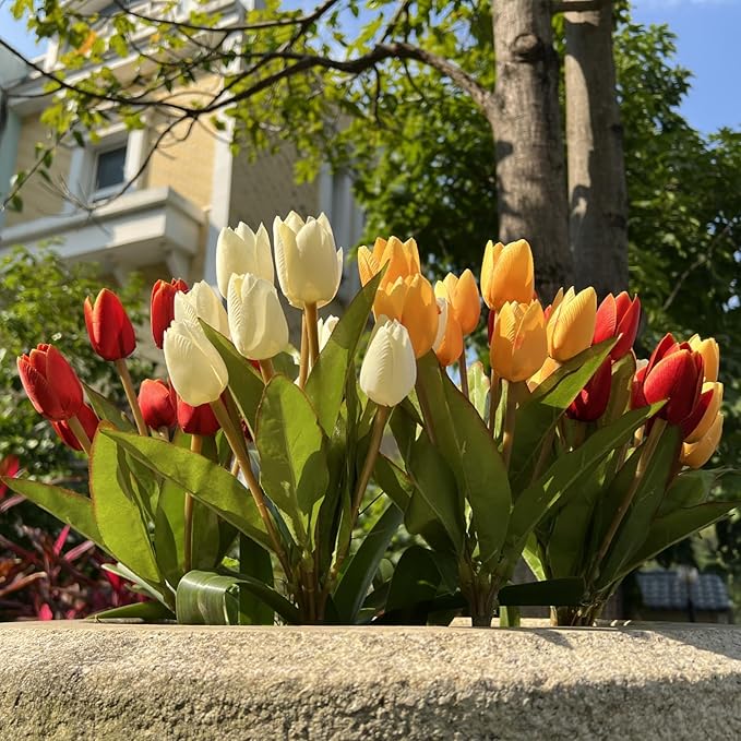 Artificial Fake Flowers for Spring Summer Outdoor Decoration,6 Bundles Shyshining Realistic UV Resistant Silk Fabric Colorful Tulip Faux Plants for outside Planter Home Porch Patio Decor(White Orange)