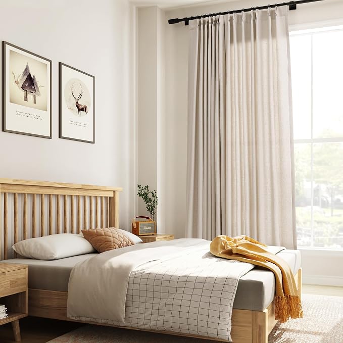 Oatmeal Beige Pinch Pleated Linen Curtains 96 Inch Length 2 Panels for Living Room Bedroom Country Farmhouse Window Privacy Light Filtering Semi Sheer Back Tab Drapes with Hooks for Dining Room 40x96