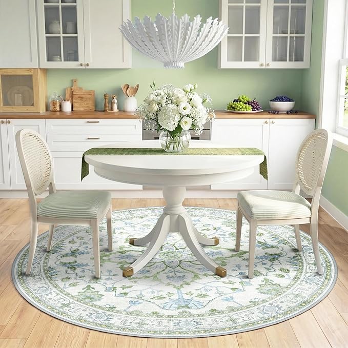 RELEANY Area Rugs Round 6ft Washable Non-Slip, Floral Vintage Distress Print Pattern Medallion Carpet for Living Room Bedroom Dining Room, Green White Blue