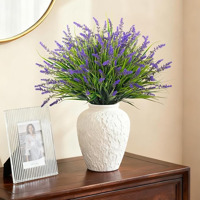 Ammyoo 24 Pcs Artificial Faux Plants for Outdoor Spring Decoration, Fake Monkey Grass for Garden Porch Balcony Planters, Fake Greenery Shrubs UV Resistant No Fade Plants Bush for Pathway(Purple)