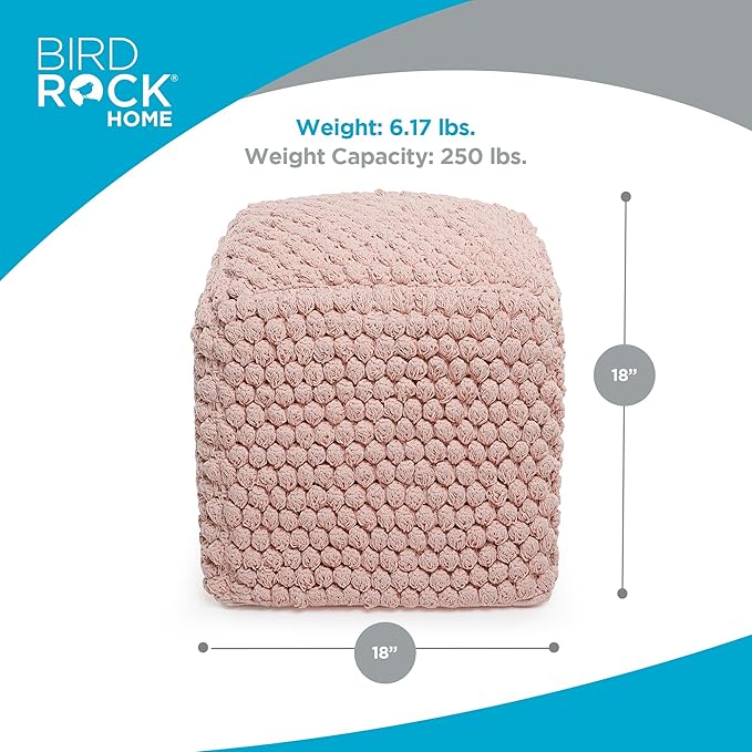 BIRDROCK HOME Square Pouf Ottoman Foot Rest - 18” Compact Comfortable Soft Cotton Knit Bean Bag Floor - Chair Foot Stool Seat for Living Room, Bedroom, or Kids Room (Dusty Rose Pink Bud)
