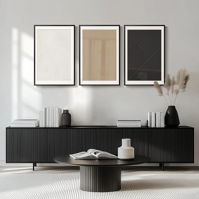 Framed Black and White Abstract Wall Art Bedroom, 3 Piece Neutral Modern Minimalist Canvas Artwork for Walls, Geometric Boho Pictures Prints for Living Room Dining Room Hallway Wall Decor, 16x24 Inch