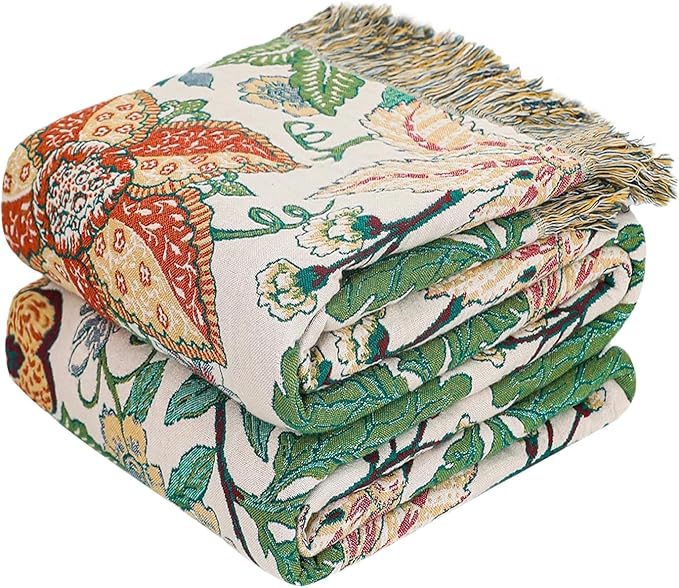 MSGKV Boho Throw Blanket for Bed Twin Size 100% Cotton Floral Blanket 60"x80" Lightweight Farmhouse Muslin Summer Breathable Couch Blankets Home Decor All Seasons