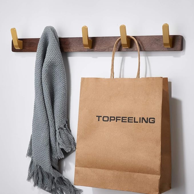 Wall Mounted Coat Rack, Entryway Hanging Coat Rack, Metal Wood Coat Rail with 5 Rustic Hooks Rail for Coat, Scarf, Bag, Towel, Key, Cap, Hat, Walnut Gold Matt