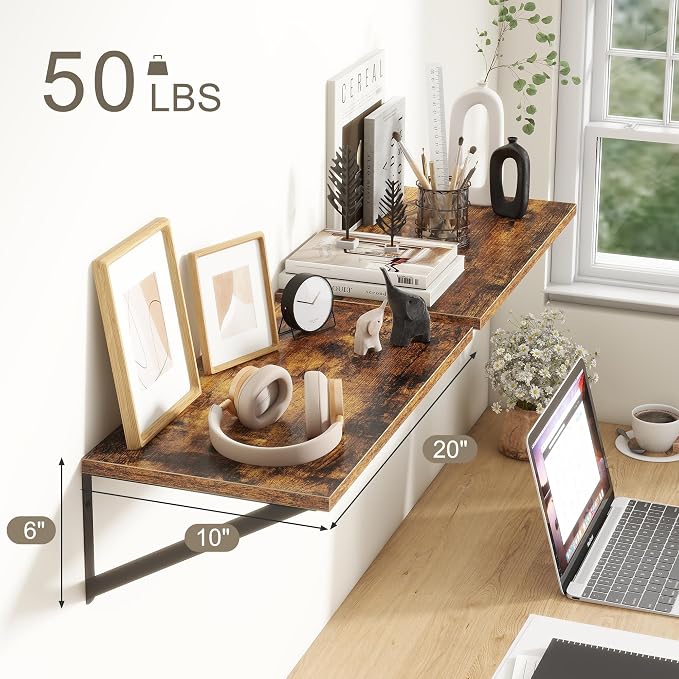 Fun Memories 20 Inch Floating Shelves, Deep Wall Shelves for Kitchen, 20 x 10 Floating Shelf for Living Room, Bedroom, Farmhouse Floating Shelves for Home Decor Storage, Rustic Brown, Set of 2