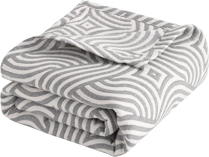 NTBAY 3 Layers Cotton Muslin 106x92 King Bed Blanket, Super Soft Breathable Thermal Yarn Dyed Quilt for Adults, Perfect Lightweight Blanket for Couch Sofa Bed All Seasons, Grey Geometric Ripples
