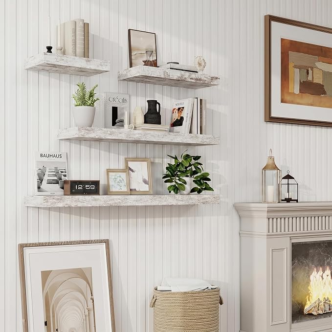 24in Floating Shelves for Wall, 24"W x 9.25"D x 1.25"H, 2 Pack Long Wall Mounted Engineered Wood Shelves with Invisible Brackets for Living Room, Bedroom, Bathroom, Kitchen, Vintage White
