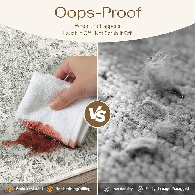 8x10 Washable Neutral Area Rug Green Vintage Living Room Bedroom Carpet Non-Slip Soft Low Pile Farmhouse Indoor Large Throw Rug for Dining Room Office