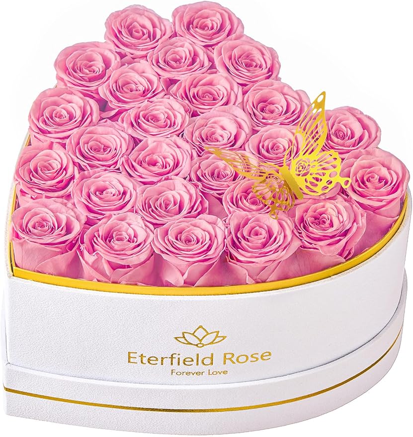 Eterfield 27 Forever Flowers in Heart Shape Box, Preserved Roses that Last a Year Preserved Flowers Birthday Gifts for Her Mom Women Wife Anniversary Valentines Day Mothers Day Christmas, Pink