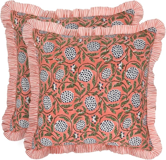 Ridhi Block Print Dark Salmon Pink Throw Pillow Cover 24" x 24" (Pack of 2) Decorative Cushion Covers with Ruffle for Couch, Sofa, Bed, Living Room, Home Decor Gift for Spring, Easter, Valentine