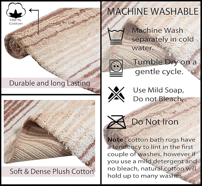 Home Weavers 100% Cotton Gradiation Collection Bathroom Décor | Washable Rug | Bathroom Mat | Kitchen Mat | Bathroom Rug Set | Bath Mat Set | Bath Floor Mat Non Slip, 5 Piece Set with Contour, Beige