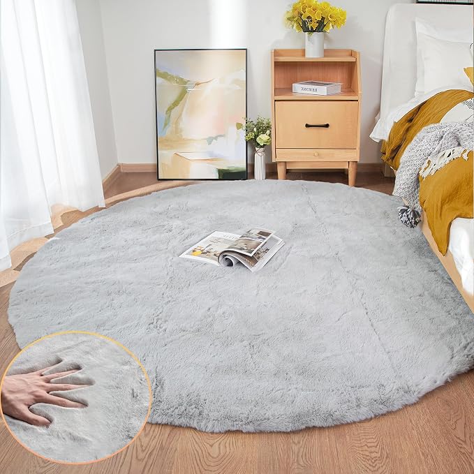ORINOVA Grey Washable Fluffy Round Rugs 6ft Faux Bunny Fur Rugs for Living Room Bedroom Boho Circle Sheepskin Rug Teen Room Nursery Rug