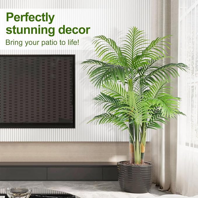 5ft Tall Triple Golden Cane Palm Artificial Tree Large Tropical Palm Tree UV Resistant Fake Plant in Pot for Indoor Outdoor Big House Living Room Outside Patio Office Home Decor 1Pack