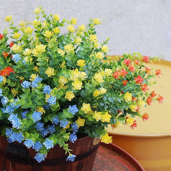 Artificial Flowers Outdoors, 12 Bundles Fake Flowers UV-Anti for Decoration Faux Plastic Plants Garden Porch Window Box Décor, YellowPurpleBlueGreen