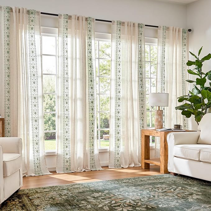 jinchan Weslie Boho Curtains for Bedroom Sage Green Vintage Floral Farmhouse Curtains 90 Inches Linen Drapes for Living Room Embroidered Light Filtering Drapes Rod Pocket Sage on Beige 2 Panels
