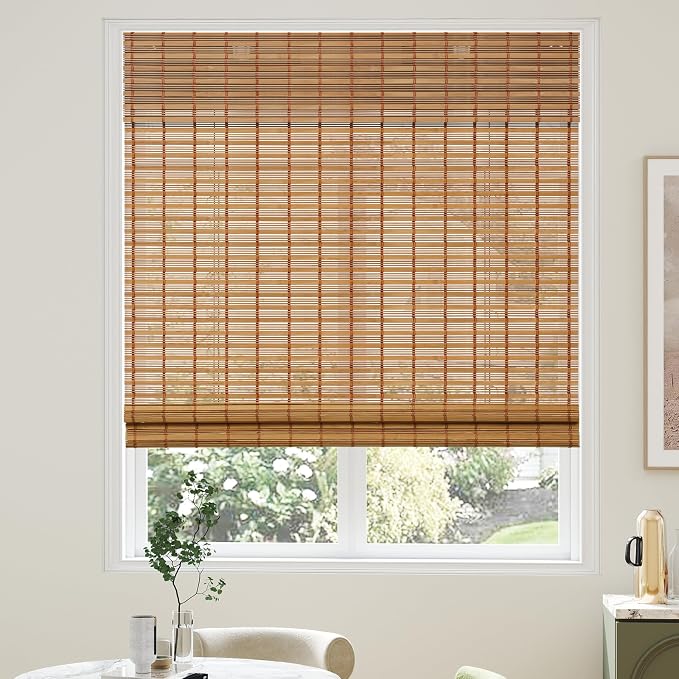 AGESISI Bamboo Roman Shades with Valance Cover, Cordless Blinds for Indoor Windows, Light Filtering Woven Wood Shades for Home & Patio, Privacy Protection, 25" W x 64" H, Carbonized