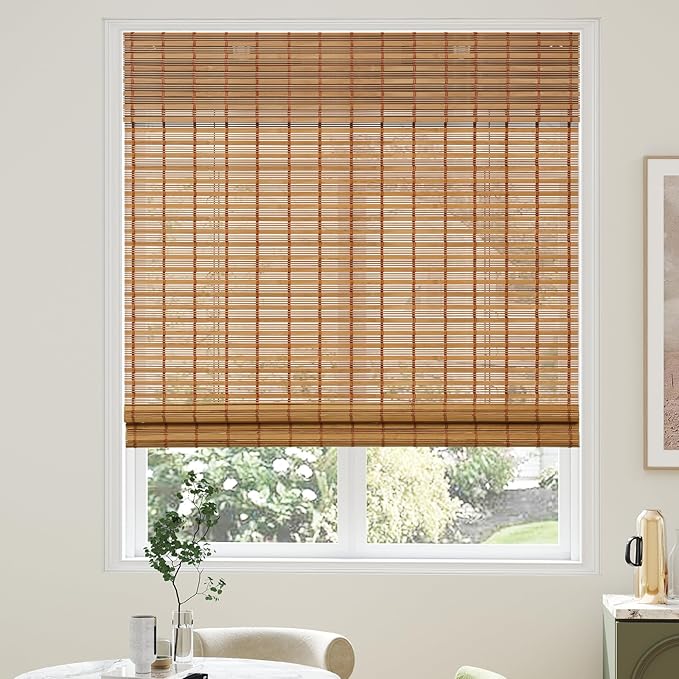 AGESISI Bamboo Roman Shades with Valance Cover, Cordless Blinds for Indoor Windows, Light Filtering Woven Wood Shades for Home & Patio, Privacy Protection, 22" W x 64" H, Carbonized