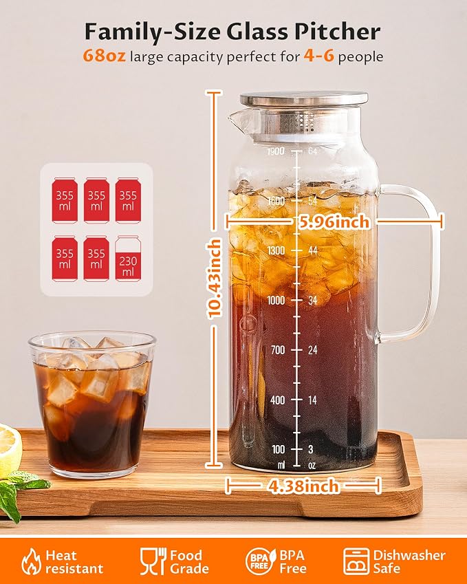 2-Pack 68oz Glass Pitcher with Lid and Handle – Borosilicate Glass Carafe for Hot/Cold Drinks, 2 Liters High-Temperature Resistant Water Pitcher Perfect for Iced Tea, Coffee, Milk, and Fridge Storage