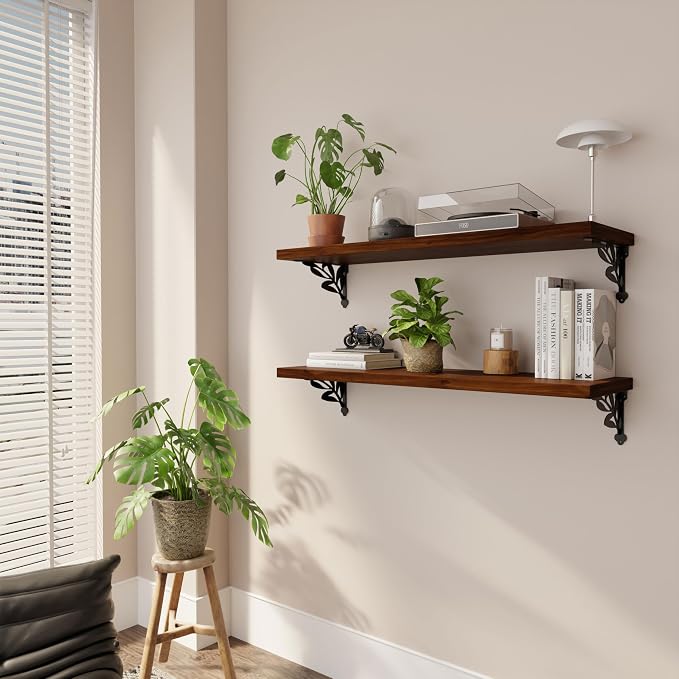 36 Inch 2 Tier Solid Wood Floating Shelves for Wall with Metal Brackets | 36 inch solid pine shelves, 2 tier, walnut finish, metal brackets for books, decor and home storage