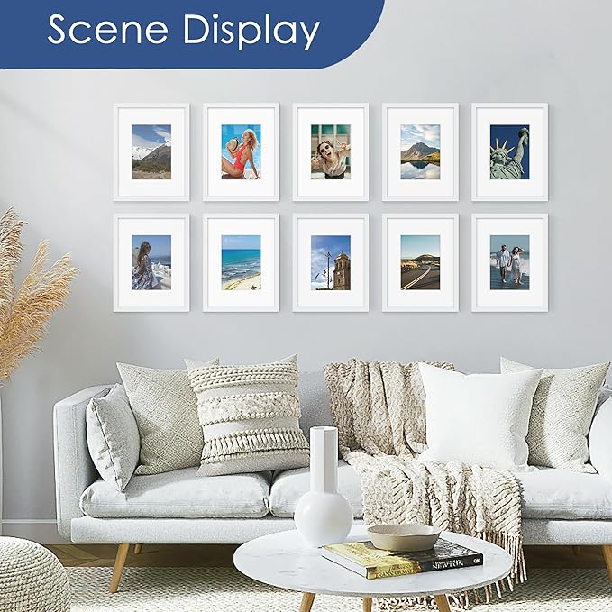 PEALSN 8x12 Picture Frame Set of 6, Display Pictures 6 x 8 with Mat or 8 x 12 without Mat for Wall Mounting or Table Top Display, Photo Frames Collage for Wall Decor, White