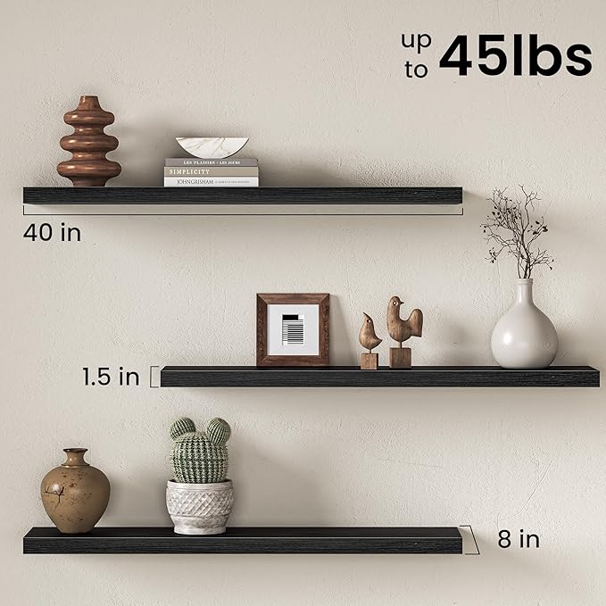 Fun Memories 40Inch Floating Shelves for Wall, 8 Inch Deep Shelves for Bathroom|Bedroom|Kitchen, Large Wall Mounted Wood Hanging Shelf with Invisible Brackets for Home Storage Decor, Black - 2 Pack