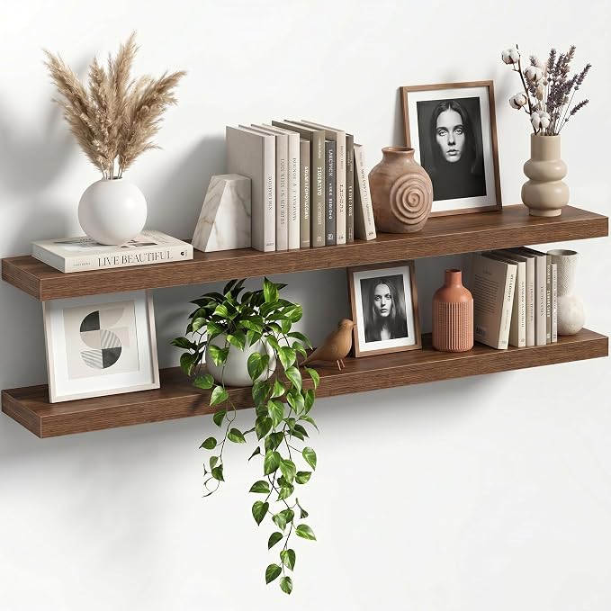 48" Floating Shelves for Wall, Set of 2, 8" Deep, 1.5" Thick, Walnut Finish | Rustic Wood Wall Shelves with Invisible Brackets, Storage and Display for Bathroom, Bedroom, Living Room or Kitchen