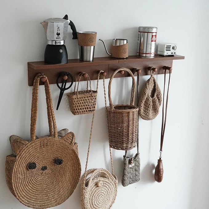 Wall Mounted Coat Rack with Shelf, Wooden Entryway Hooks, Teak Finish | Adjustable rail with movable wood hooks