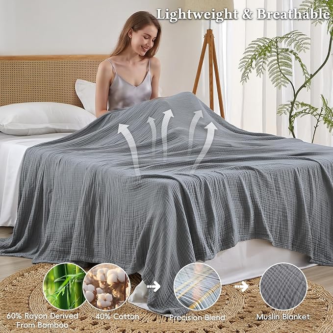 David's Home Soft Muslin Blanket Queen Size for Adults, 60% Rayon 40% Cotton, Breathable Lightweight Cooling Blanket for Hot Sleepers, 4-Layer Cozy Gauze for Bed, 90"x90", Grey