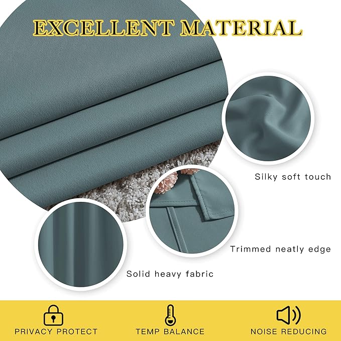 NICETOWN Blackout Greyish Blue Kitchen Curtains, Grommet Thermal Insulated Solid Vertical Drapes Room Darkening for Cafe, 2 Panels, W52 x L36
