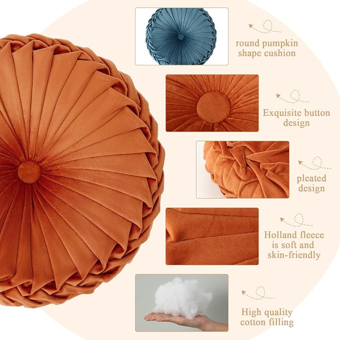 Drydiet 3 Pcs Round Throw Velvet Pillows Decorative Pleated Throw Pillows Diameter Accent Pumpkin Boho Chair Cushion for Couch Sofa Home Decoration (Yellow,Brunt Orange,Blue,15'')