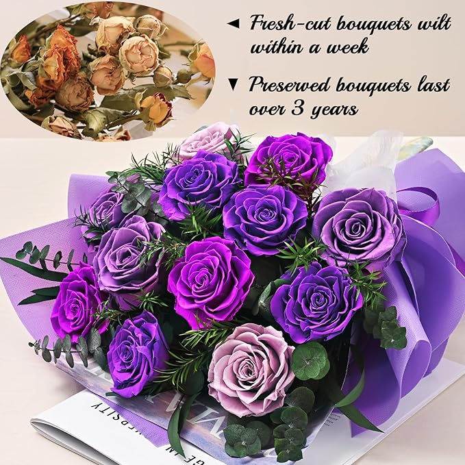 Flowers for Delivery Prime 12 Roses, Mothers Day Flowers for Mom, Mothers Day Gifts, Forever Roses Preserved Purple Flower Bouquet Eternal Rose Birthday Gifts for Women Gf Gifts Wedding Anniversary
