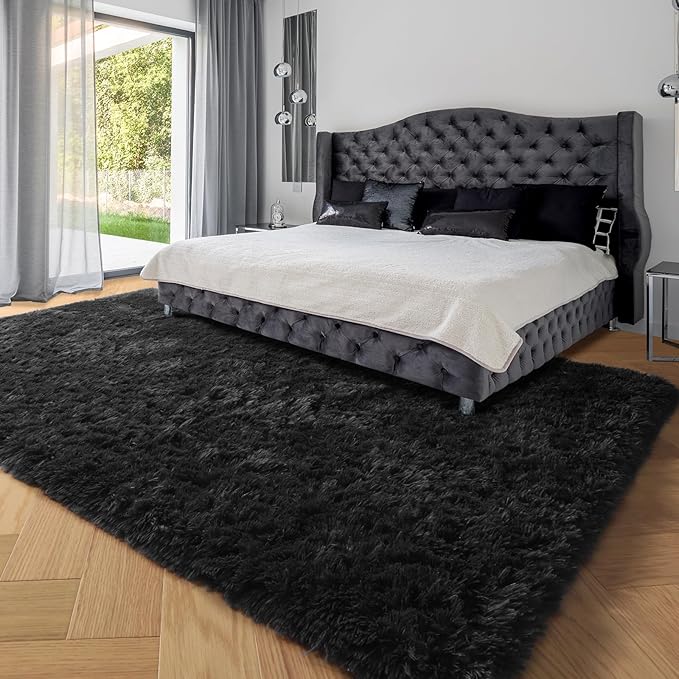 PAGISOFE 6x9 Ft Fluffy Bedroom Rugs, Black Modern Living Room Area Rug, Fuzzy Shaggy Carpet, Indoor Plush Nursery Rugs for Kids Room, Furry Floor Rug for Boys Room, Carpet for Teen Dorm Room Decor