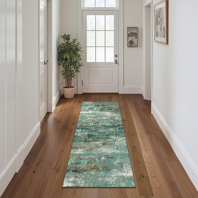 BEIMO Runner Rug for Hallway Kitchen, 2x6 Machine Washable Runners Rug for Entryway, Soft Modern Abstract Throw Rugs, Low Pile Floor Cover with Non Slip Backing, Turquoise