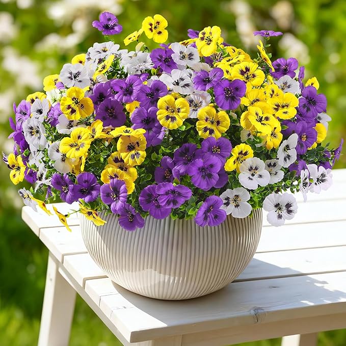 Alupssuc 24 Bundles Artificial Flowers for Outdoors, Fake Spring Flowers for Decoration, UV Resistant Realistic Pansies with Eucalyptus Silk Faux Flowers for Porch Patio Yard, Purple Yellow White