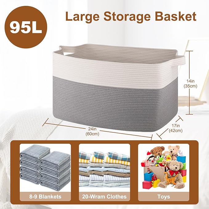 Extra Large Laundry Basket, 95L Blanket Basket for Living Room, Cotton Rope Toy Storage for Kids, Woven Baskets for Clothes, Towels, Pillows, 24" x 17" x 14", Grey and White (Pack of 2)