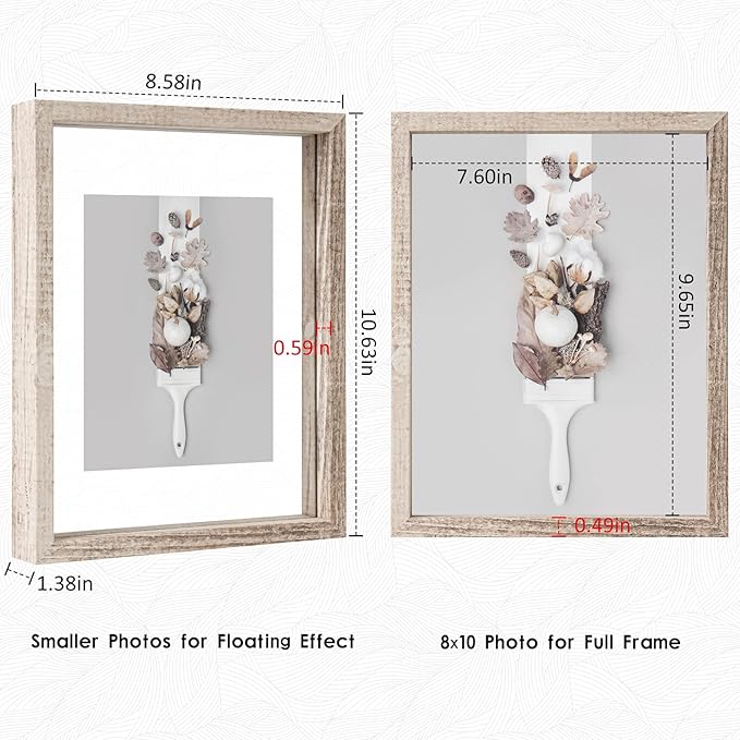 MUYE 8x10 Floating Frame Distressed Beige White Wood Pattern,Double Glass Picture Frame Set of 2 Display Any Size Photo up to 8x10,Wall Mount or Tabletop Stand