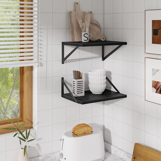 Acovy Deep Floating Shelves,16" Wx10 D Floating Shelves for Wall Set of 2,Heavy Duty Wood Floating Shelf with Metal Bracket,Wall Mounted Hanging Shelf for Living Room Bedroom Bathroom Kitchen,Black