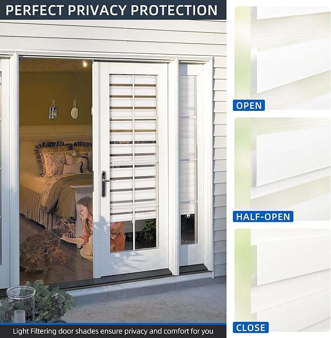LazBlinds Cordless French Door Blinds, No Drill Roll Up Zebra Blinds, Light Control Day and Night Sheer Shades for Front Patio Sidelight Glass, 37.7'' W x 78'' L, White