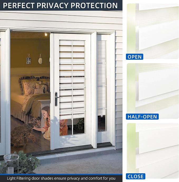 LazBlinds Cordless French Door Blinds, No Drill Roll Up Zebra Blinds for Doors, Light Control Day and Night Sheer Shades for Front Door Patio Sidelight Glass Door, 27.8'' W x 78'' L, White