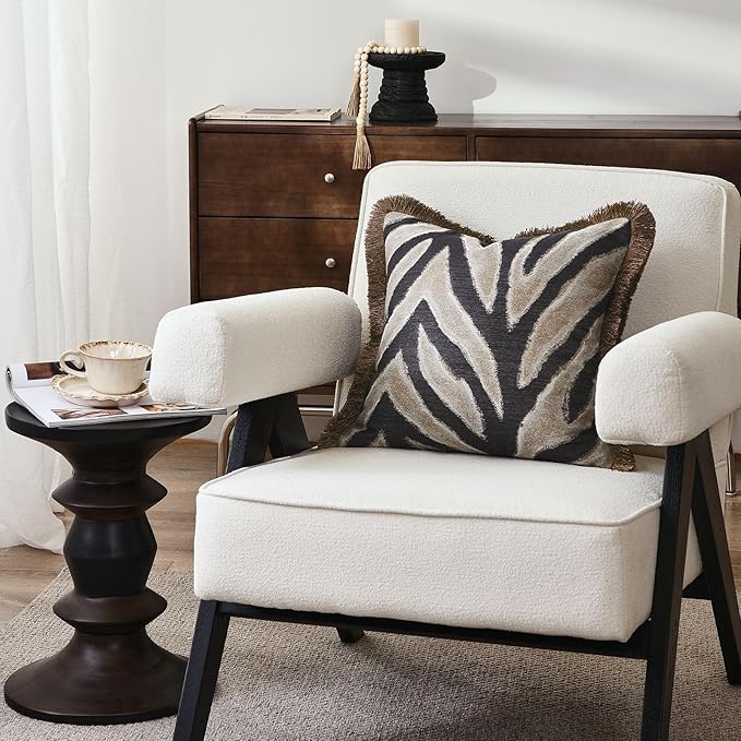 Designer Zebra Throw Pillow Cover with Brown Fringe, Luxury Zebra Pattern Jacquard Design Decorative Pillow Cover for Modern & Classic Home Decor,18x18 Inch (Single Pack)