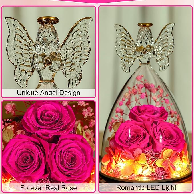 Mothers Day Rose Gifts for Women Preserved Real Flower in Glass Angel Figurines Roses for Delivery Prime Birthday Gifts for Mom Grandma Girlfriend Wife Her - Hot Pink