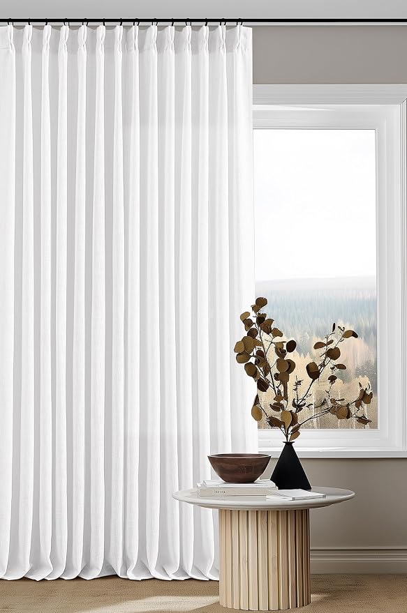 Extra Long Snow White Pinch Pleated 132 Inch Linen Curtains 2 Panels for Living Room Bedroom Memory Training Shaped Semi Sheer Pleat Drapes with Hooks Rings Light Filtering Window Curtain 40x132
