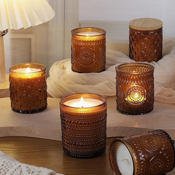 DARJEN 12 Pack Amber Candle Jars for Making Candles- 3 Styles Glass Candle Making Jars Bulk with Bamboo Lids and Labels, Candle Making Supplies Candle Vessels for Home Decor