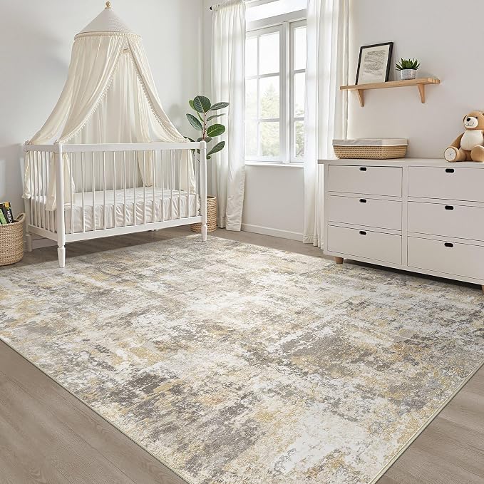 6x9 Area Rugs Living Room: Washable Large Neutral Gray Gold Rug Abstract Soft Modern Stain Resistant Indoor Floor Non-Slip Carpet for Bedroom Nursery Kids Office Playroom Dining Room Under Table Home