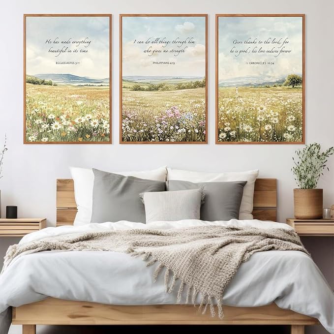 LHIUEM Christian Flowers Framed Canvas Wall Art,Vintage Bible Verse Wall Decor,Religious Jesus Prints,Natural Scripture Artwork for Living Room,Bedroom,Dining Room -24"x36"x3