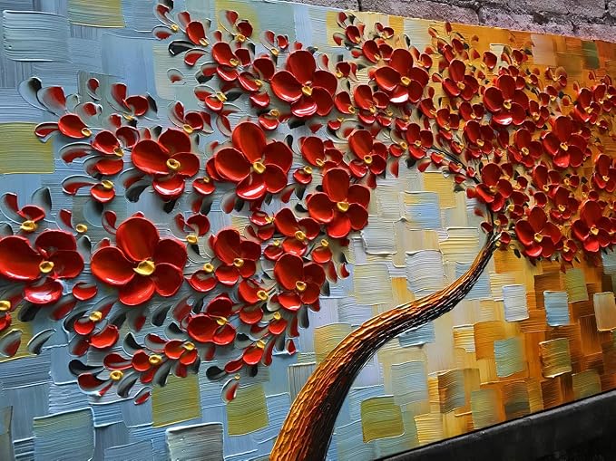 YaSheng Art -handpainted Modern Wall Art ,3D Texture Flowers Artwork Oil Painting, Abstract Canvas Wall Art Red Tree Paintings, Modern Home Wall Art for living room Bedroom Dining Room Office Wall Decor 24x48inch