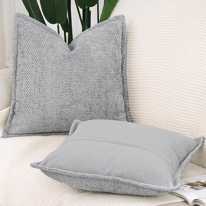 MADIZZ Decorative Chenille Velvet Throw Pillow Covers Set of 2 Soft Boho Textured Neutral Couch Throw Pillow for Bed Modern Farmhouse Home Decor for Sofa Livingroom Grey 20x20 Inch